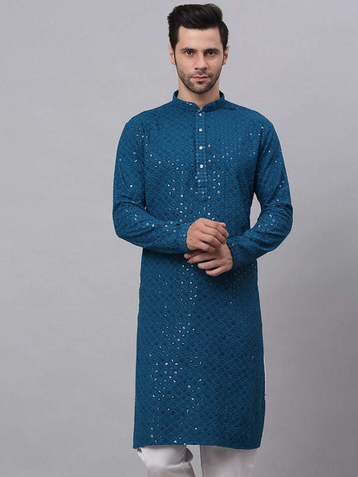 Jompers Men Teal Floral Embroidered Sequined Kurta