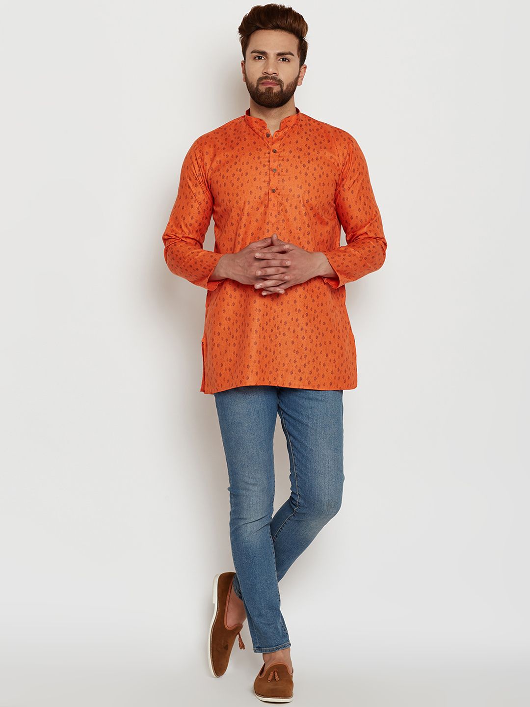 SOJANYA Men Orange Printed Straight Kurta