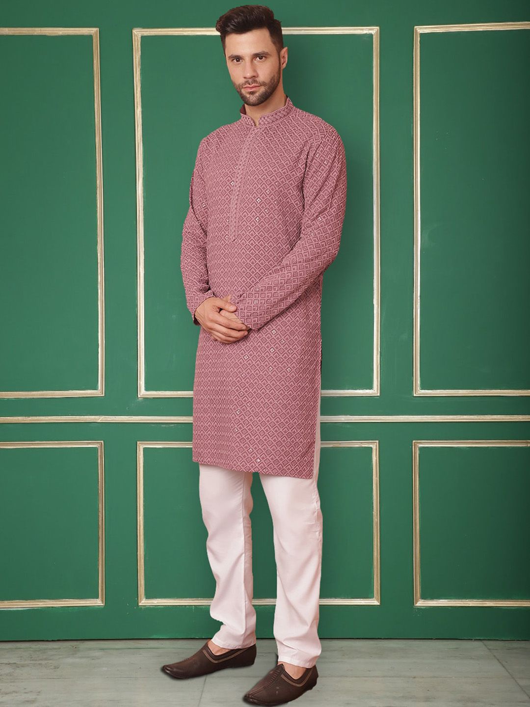 Jompers Embroidered Mandarin Collar Sequinned Kurta with Pyjamas