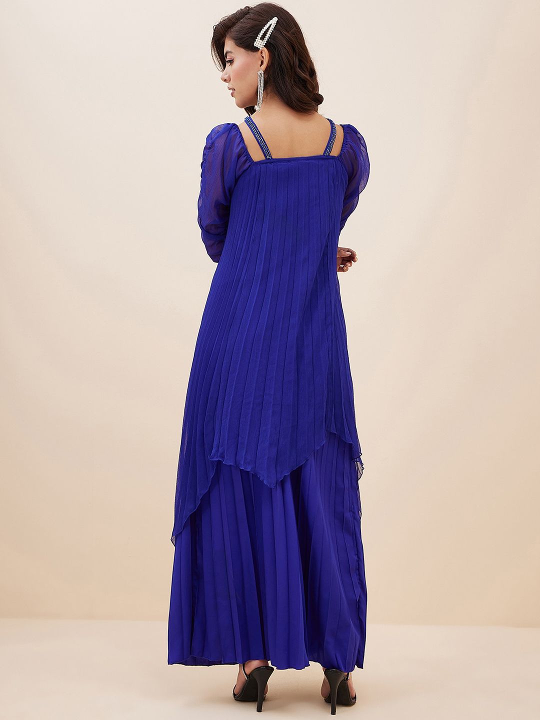 Antheaa Square Neck Puffed Sleeves Pleated A-Line Top With Palazzos