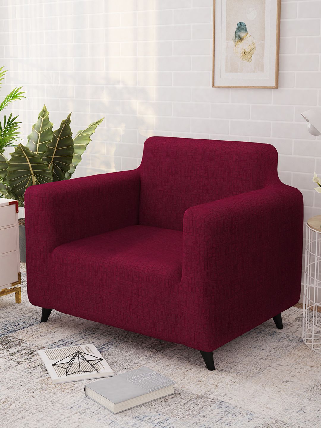 Story@home Maroon Printed 1 Seater Stretchable Sofa Cover With Arms
