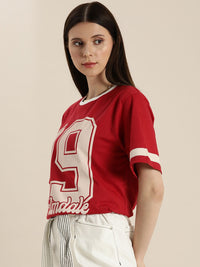 DILLINGER Women Red & Beige Varsity Printed Pure Cotton Loose T-shirt