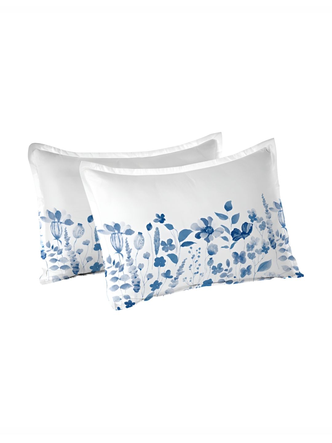 MYTRIDENT White & Blue 2 Pieces Floral Pure Cotton Rectangle Pillow Covers