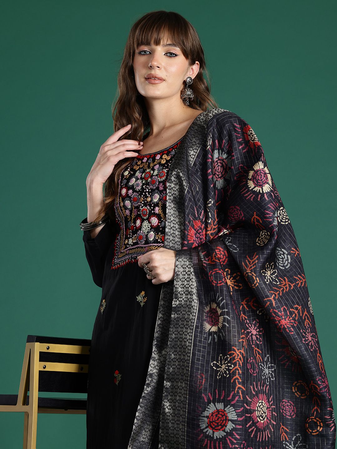 Indo Era Floral Embroidered Regular Thread Work Kurta with Trousers & With Dupatta