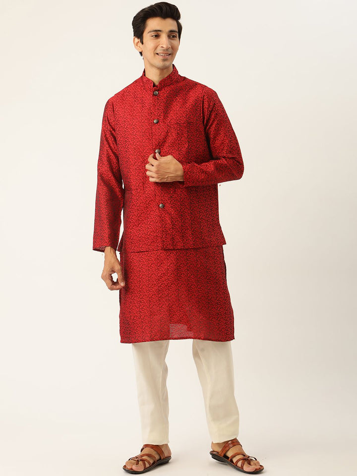 SOJANYA Lelaki Maroon & Off-White Jacquard Kurta dengan Pajama & Jaket Nehru