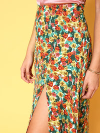 Berrylush Women Green & Red Floral High-Slit Midi A-Line Skirt
