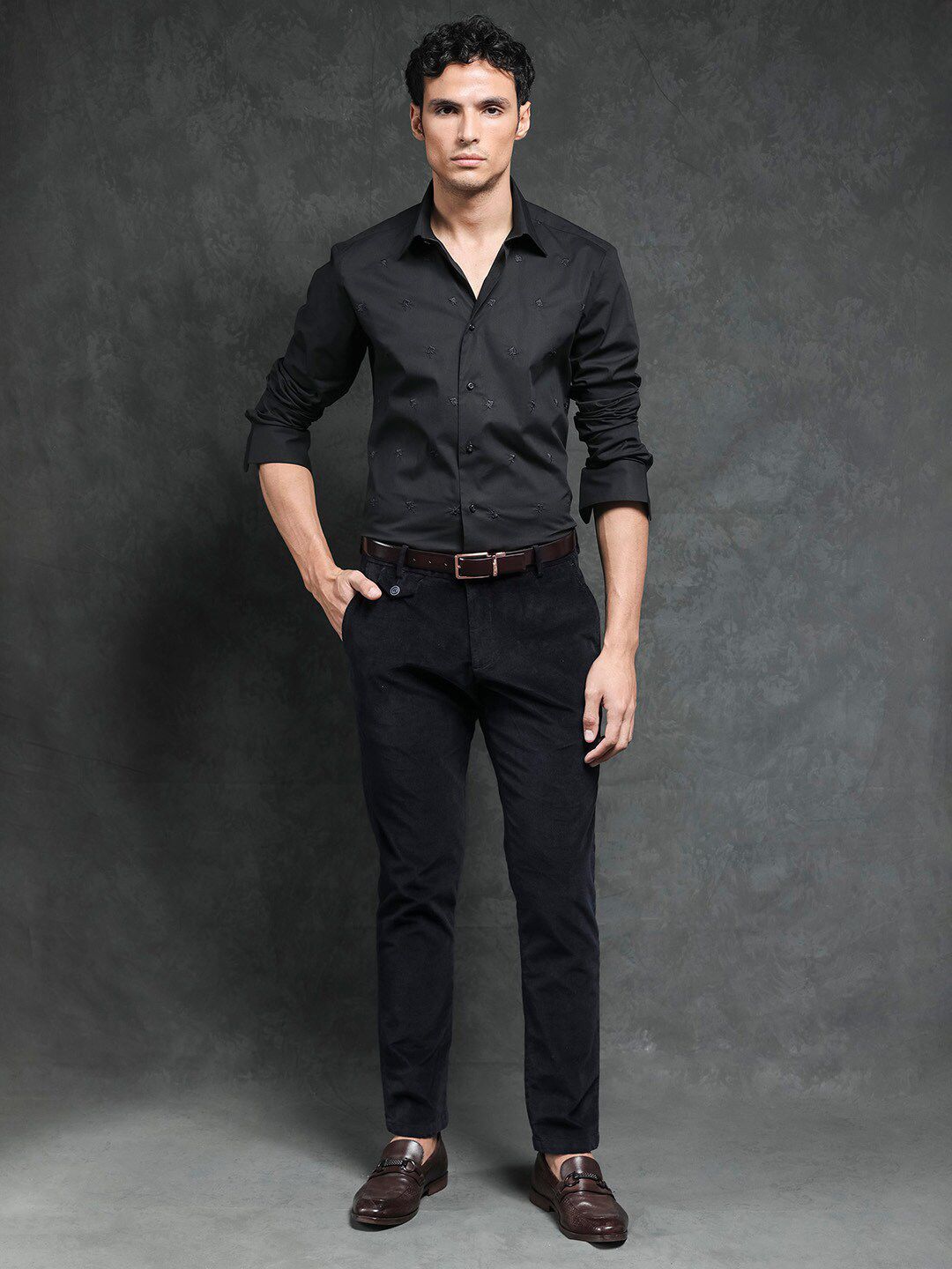 RARE RABBIT Men Roser Slim Fit Embroidered Cotton Shirt