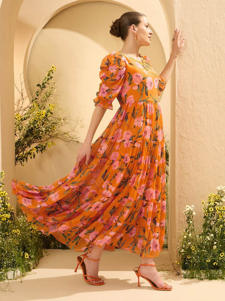 Antheaa Women Embellished Floral Printed Puff Sleeves Tiered Maxi Dress