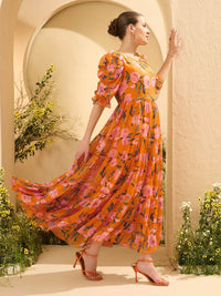 Antheaa Women Embellished Floral Printed Puff Sleeves Tiered Maxi Dress