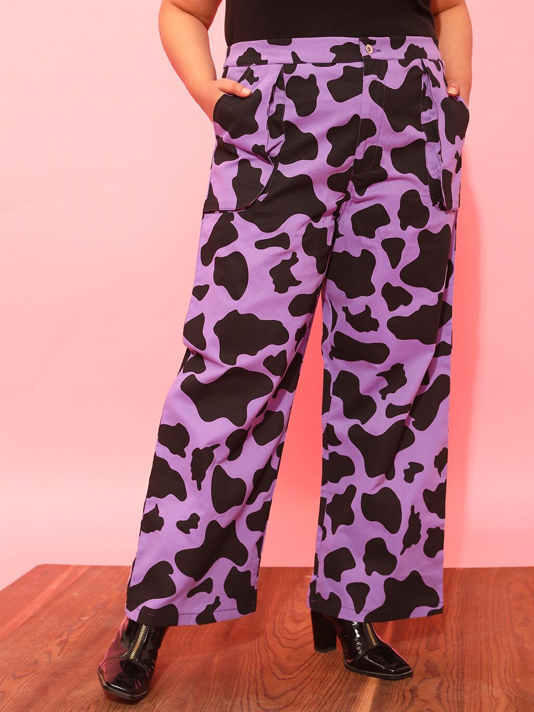 CURVY STREET Women Plus Size Lavender Printed Relaxed Straight Leg Pure Cotton Trousers