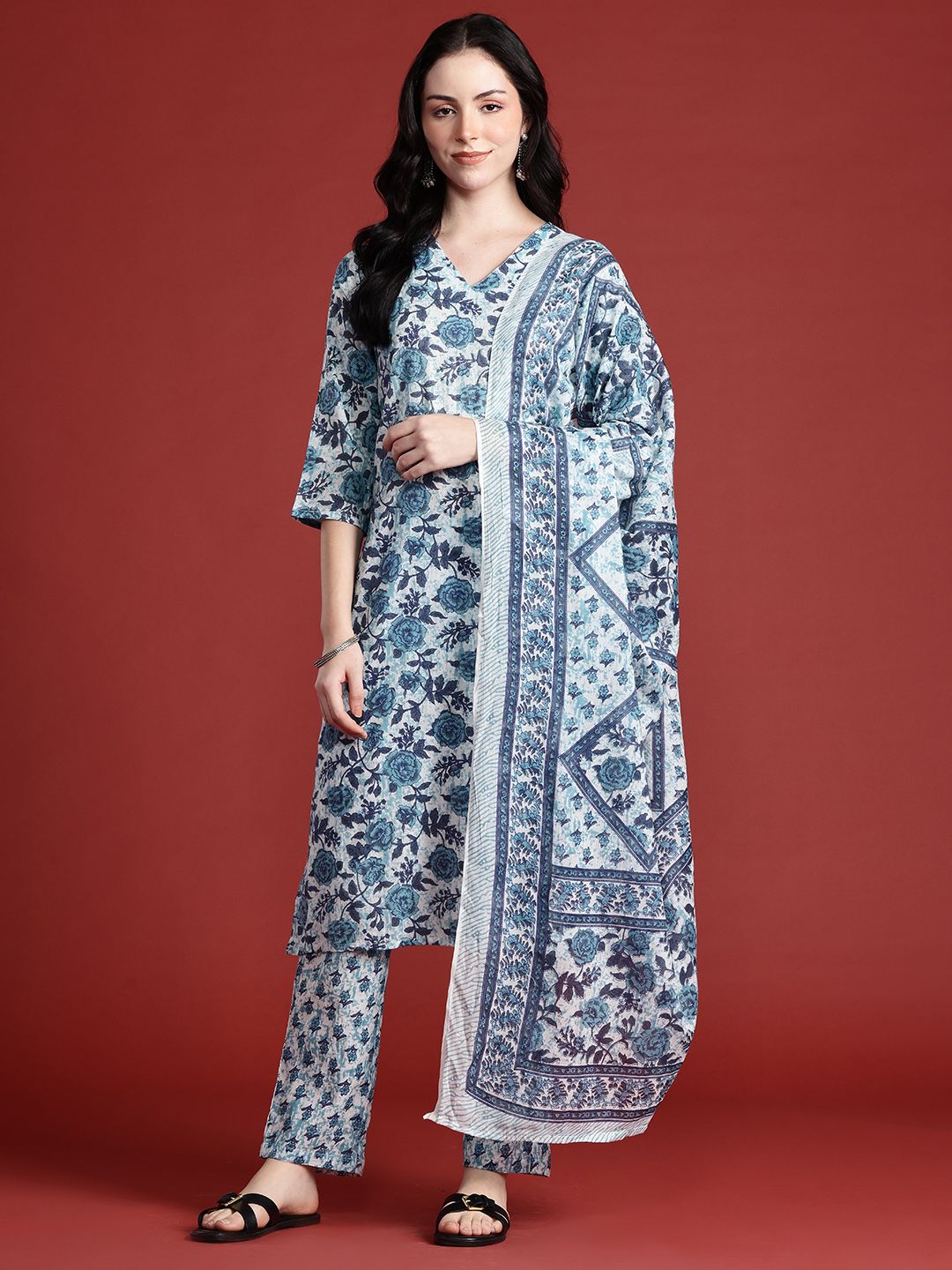Anouk Floral Printed Pure Cotton Kurta With Trousers & Dupatta