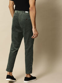 Mr Bowerbird Men Olive Green Tailored Fit Self-Striped Cropped Corduroy Regular Trousers