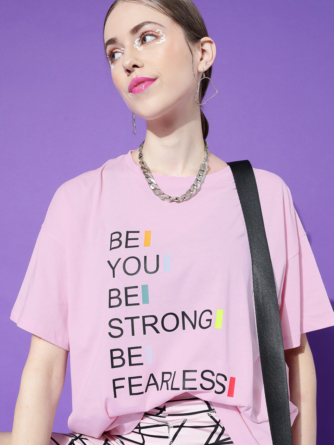 STREET 9 Women Pink Typography Printed Drop-Shoulder Pure Cotton T-shirt