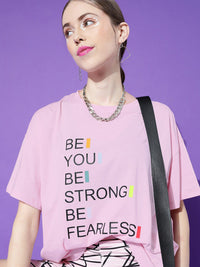 STREET 9 Women Pink Typography Printed Drop-Shoulder Pure Cotton T-shirt