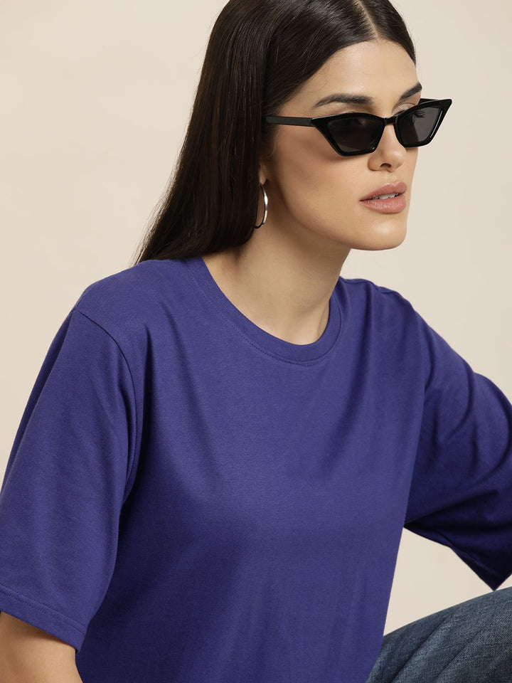 DILLINGER Women Navy Blue Solid Pure Cotton Oversized T-shirt
