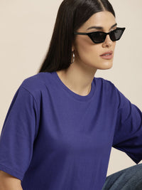 DILLINGER Women Navy Blue Solid Pure Cotton Oversized T-shirt