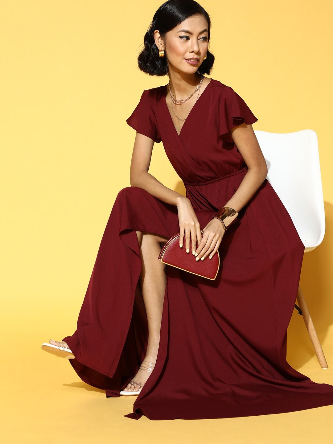 Berrylush Maroon Crepe Maxi Dress