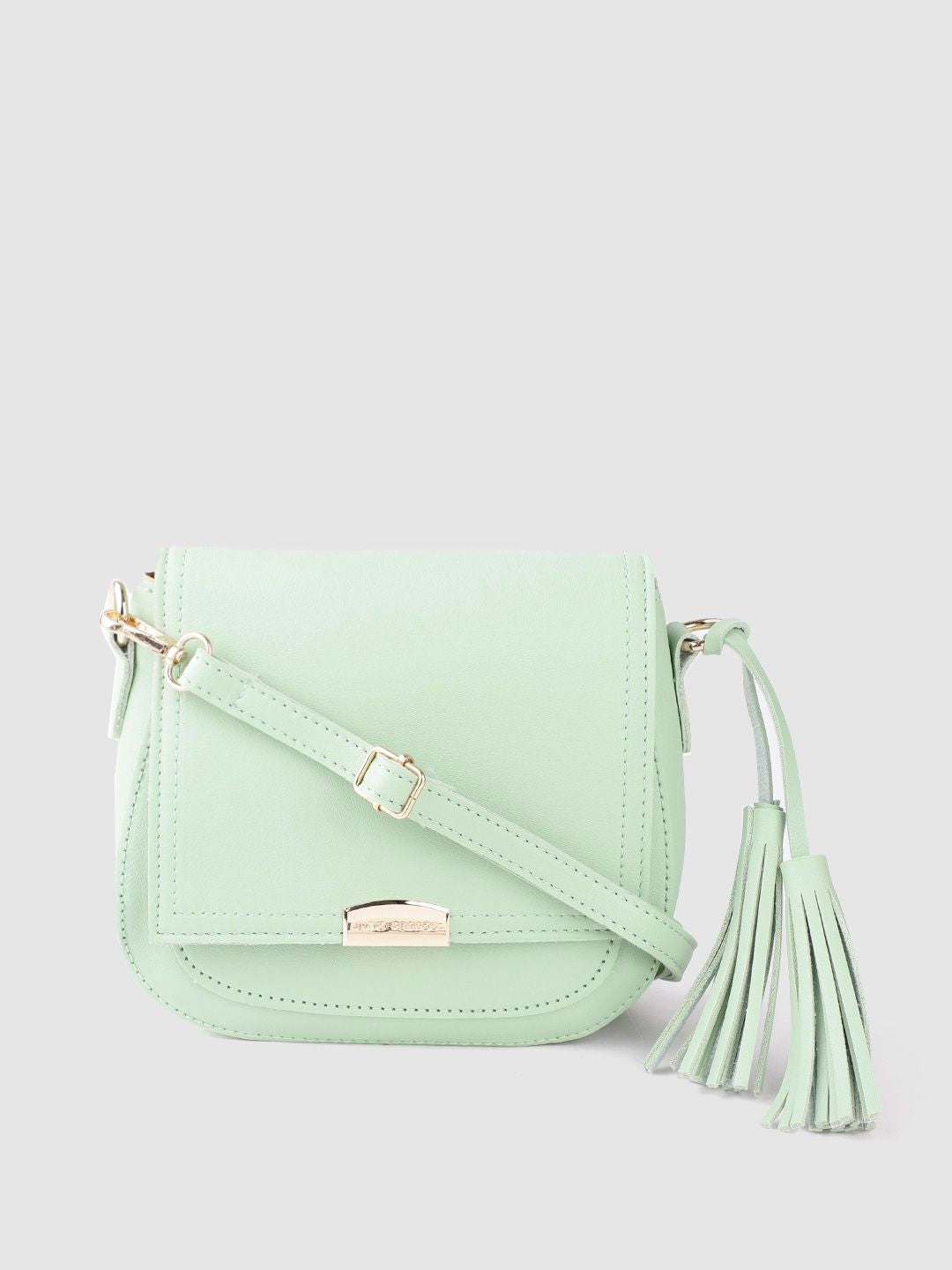 Lino Perros Women Green Solid Sling Bag with Tasselled Detail