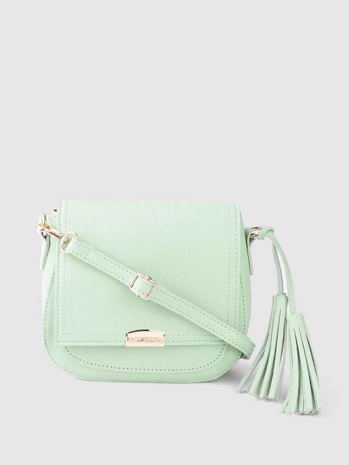 Lino Perros Women Green Solid Sling Bag with Tasselled Detail
