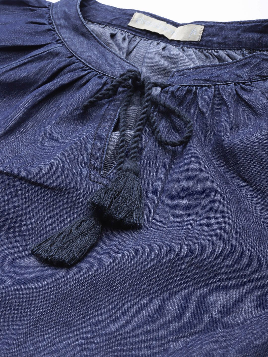 DressBerry Navy Blue Solid Tie-Up Neck Chambray Pure Cotton Top