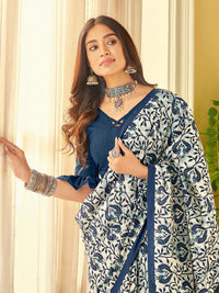 Saree mall Off White & Blue Ethnic Motifs Dabu Saree