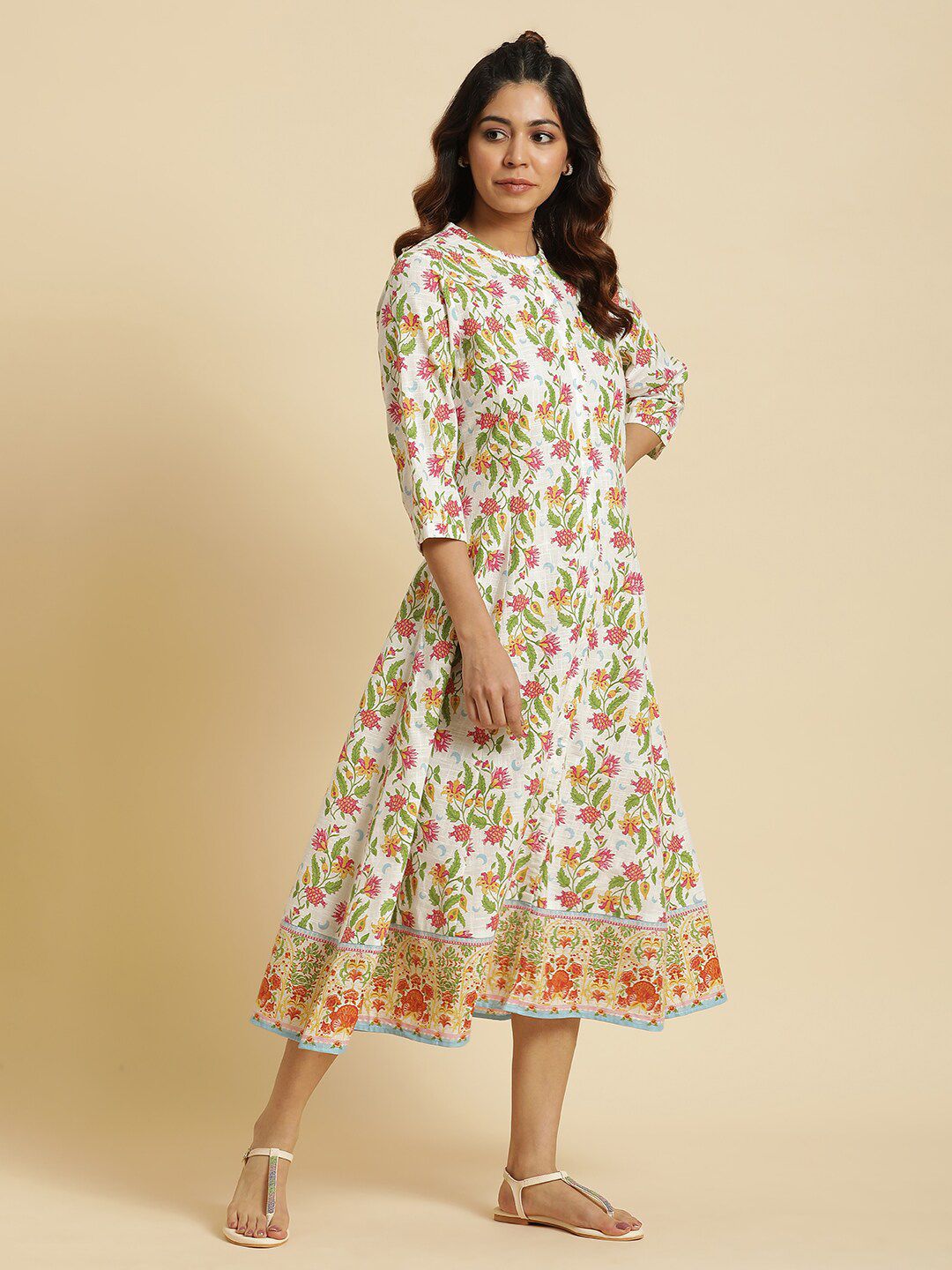 W White Floral Printed Pure Cotton A-Line Midi Dress