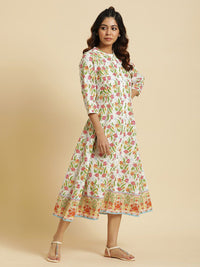 W White Floral Printed Pure Cotton A-Line Midi Dress