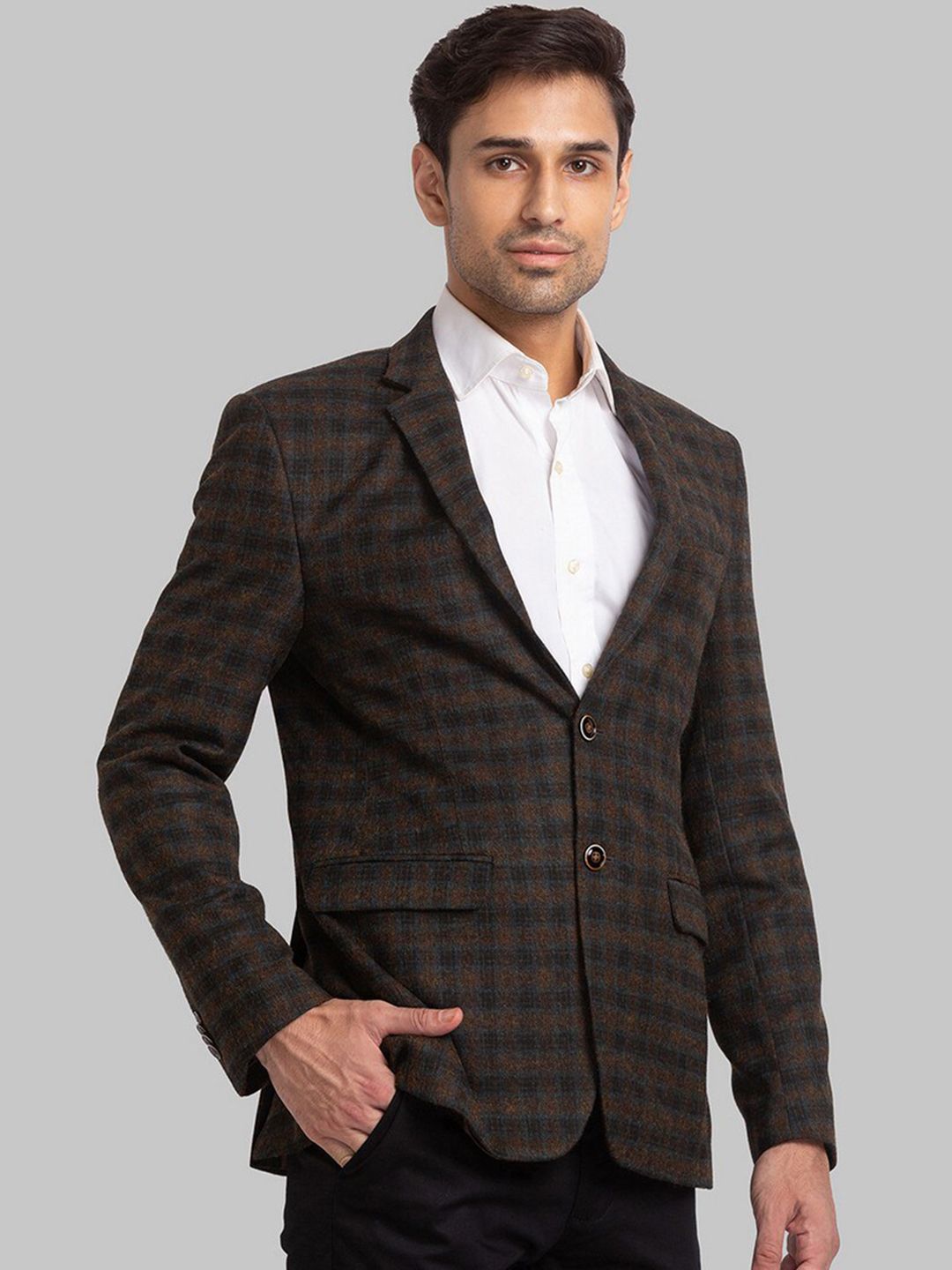 Park Avenue Men Brown Checked Super Slim-Fit Single Breasted Formal Blazers