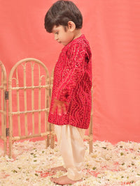 VASTRAMAY Boys Bandhani Printed Band Collar Straight Kurta With Patiala
