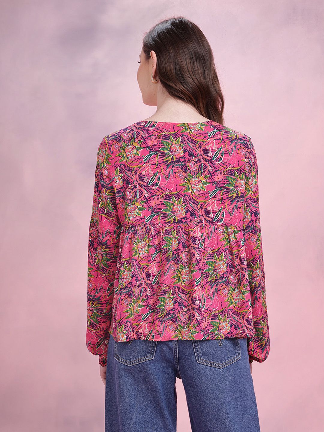 DressBerry Tropical Print Tie-Up Neck Regular Top
