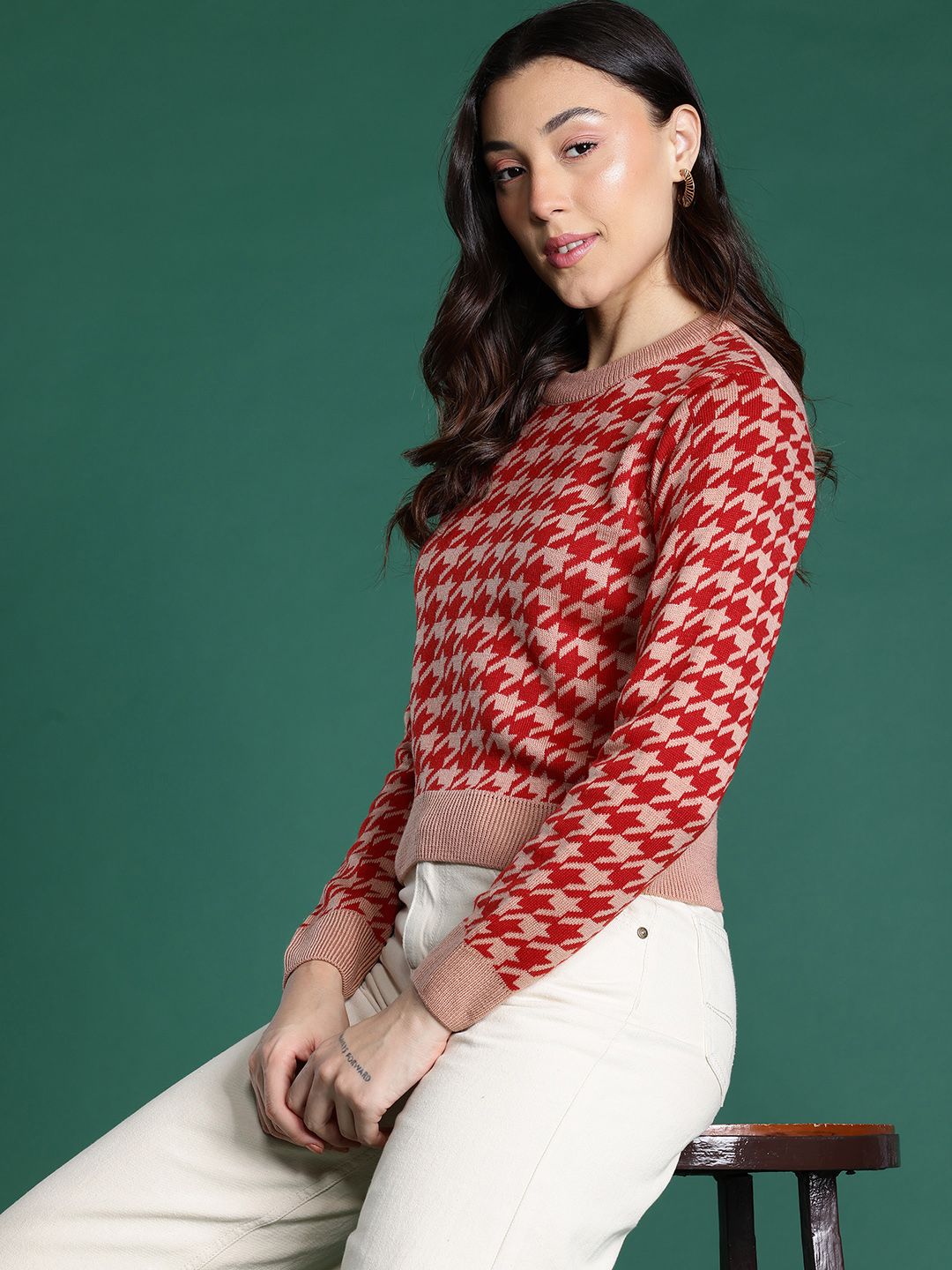 DressBerry Women Houndstooth Acrylic Pullover