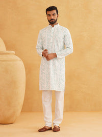 SOJANYA Geometric Embroidered Mandarin Collar Sequined Pure Cotton Straight Kurta