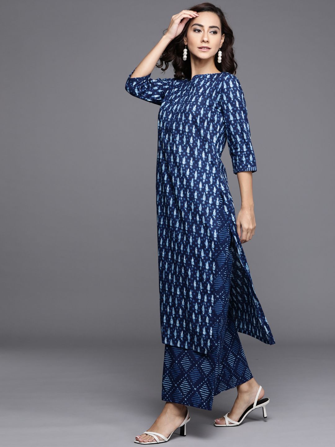 Libas Women Blue Printed Pure Cotton Kurta with Palazzos & Dupatta
