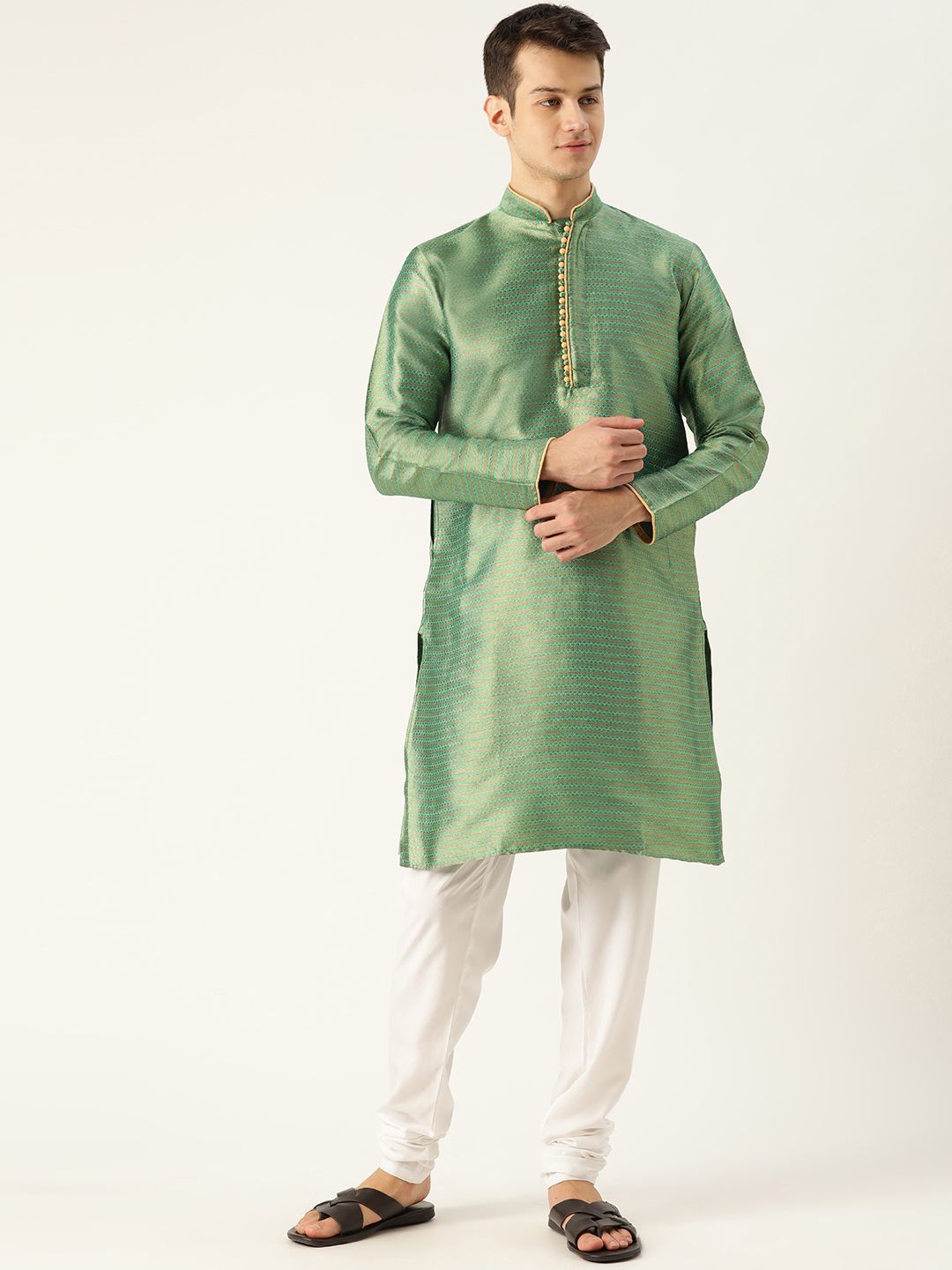 SOJANYA Men Green & Golden Woven Design Kurta Lurus