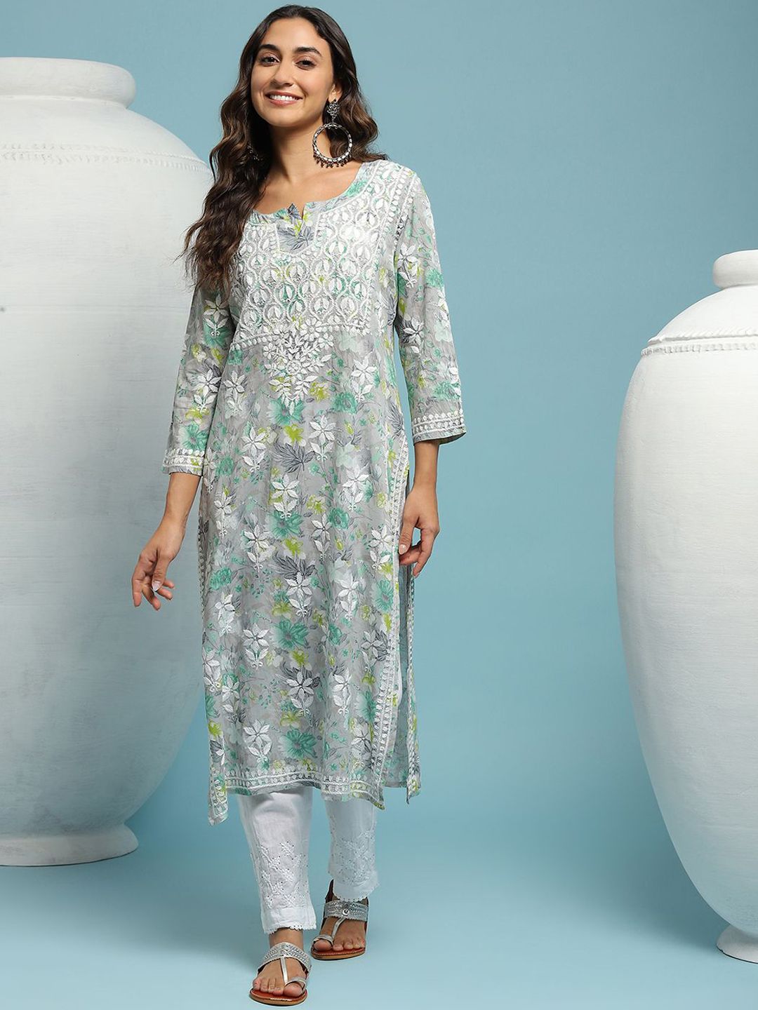 Rumah Chikankari Wanita Grey & Green Mulmul Chikankari Sulam Kurta