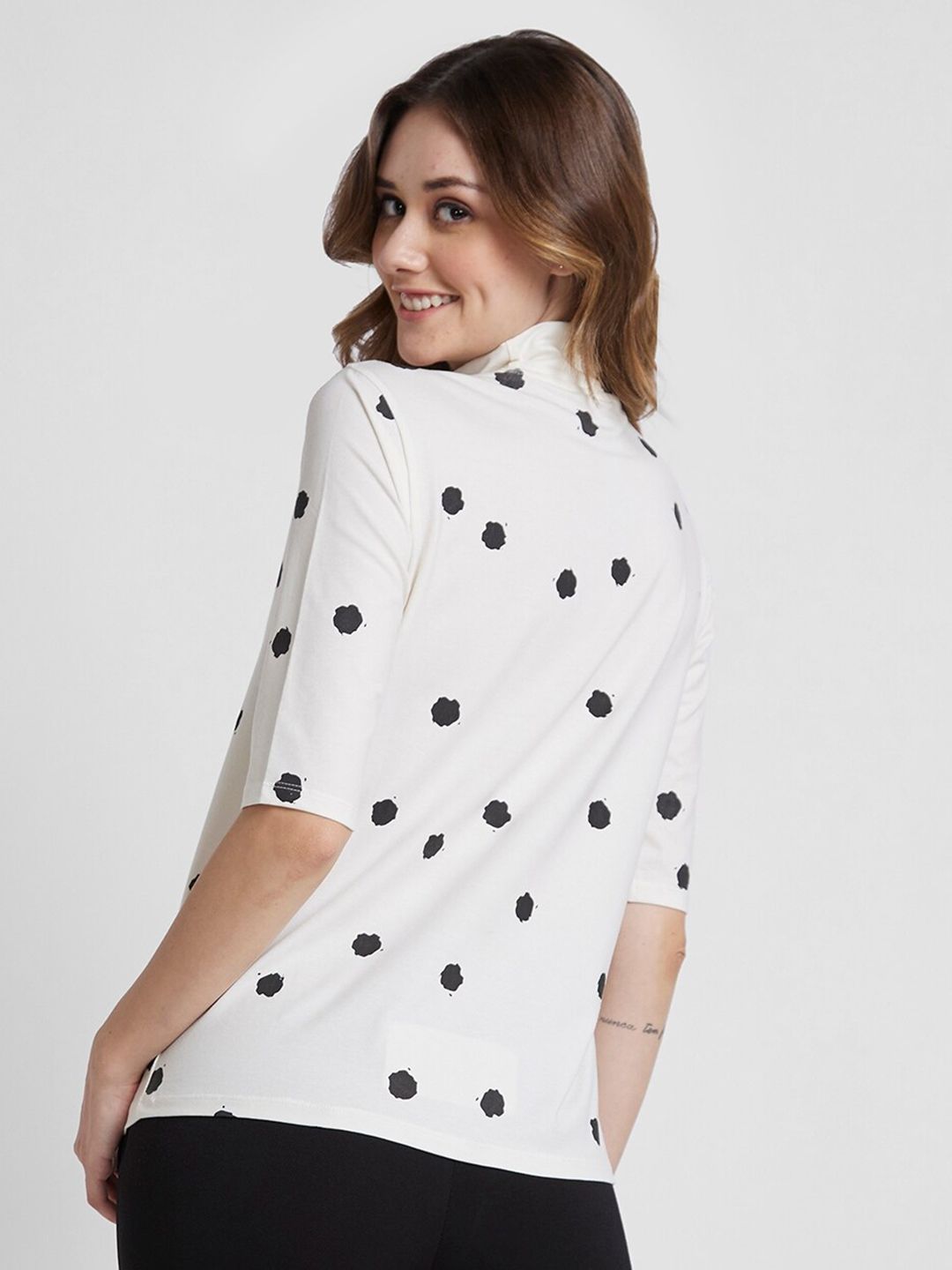 SPYKAR Polka Dots Printed High Neck Cotton Top