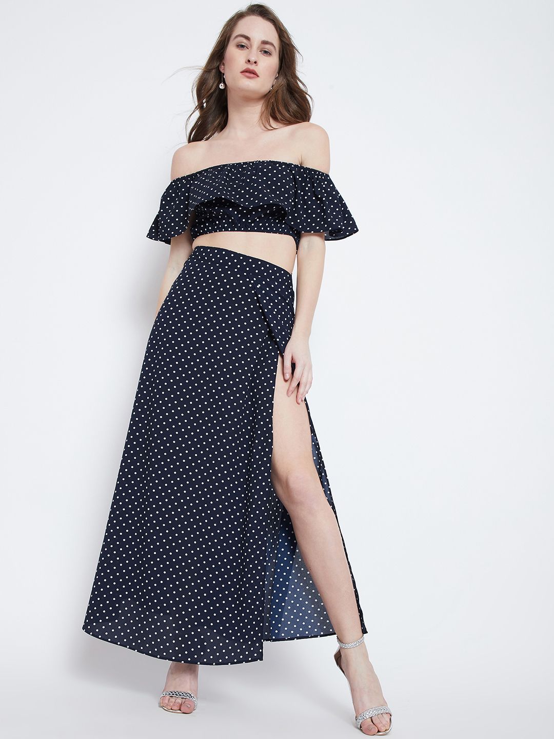 Berrylush Navy Blue Polka Dot Print Two-Piece Bardot Dress