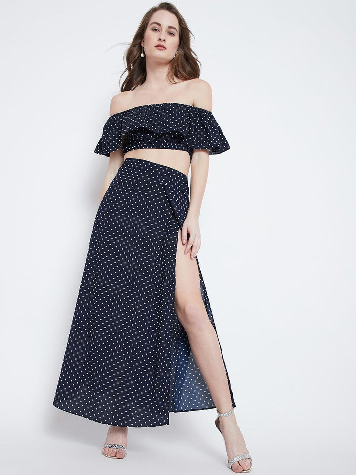 Berrylush Navy Blue Polka Dot Print Two-Piece Bardot Dress