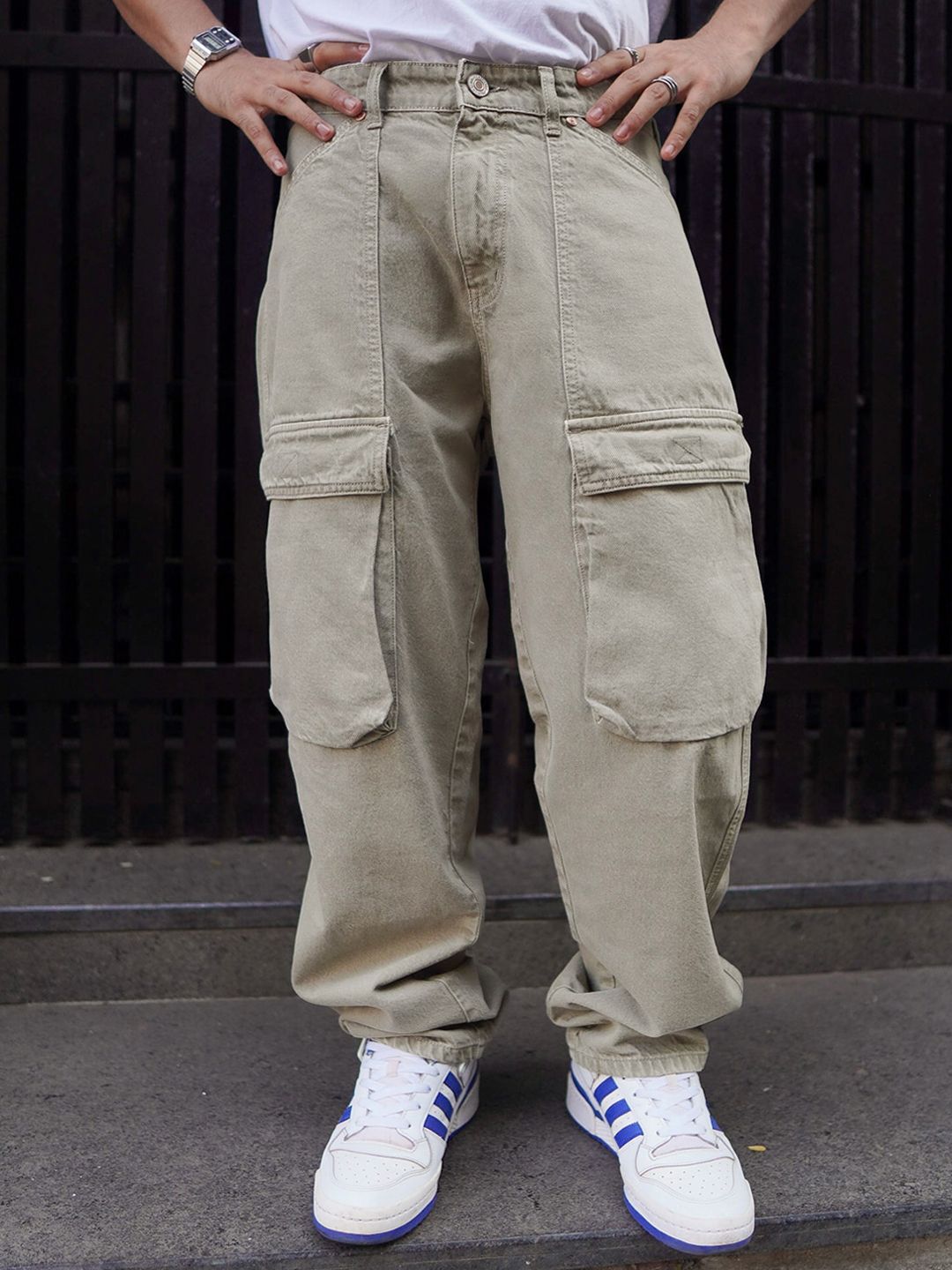 Powerlook Men Boyfriend Baggy Fit Clean Look Cotton Denim Cargo Jeans