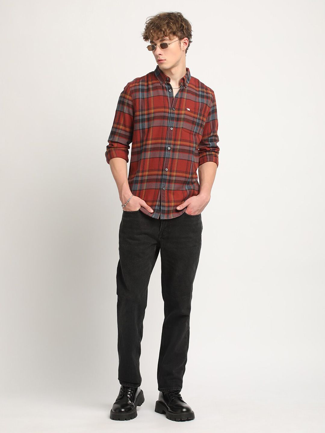 THE BEAR HOUSE Slim Fit Tartan Checked Flannel Pure Cotton Casual Shirt