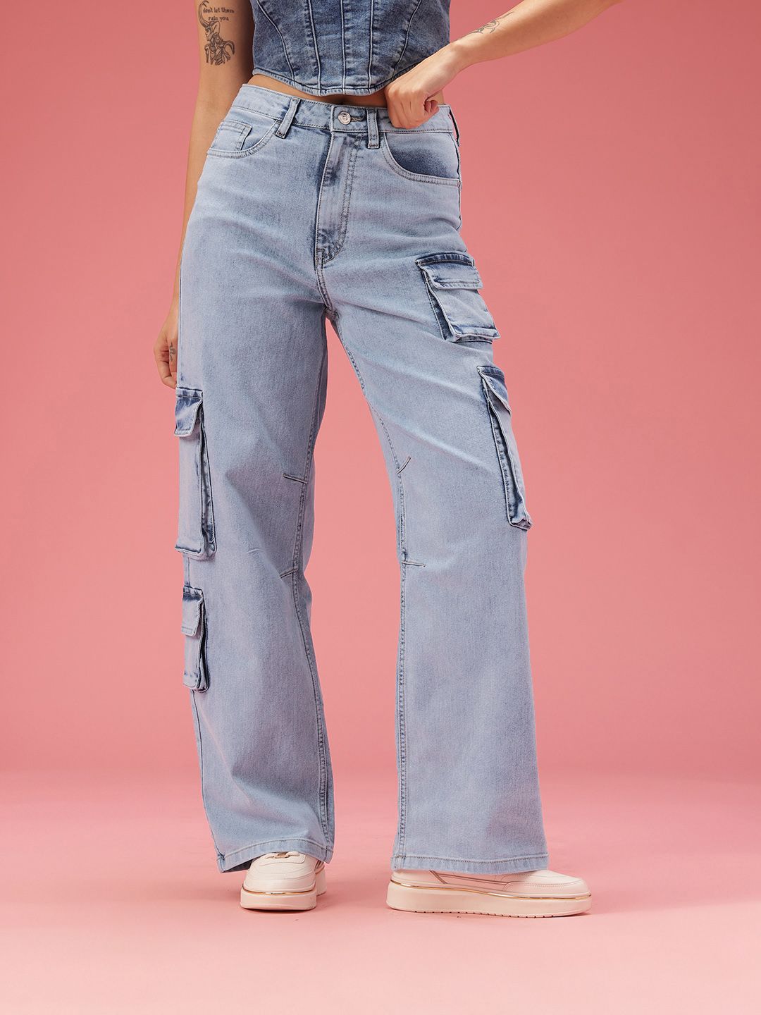 DressBerry Women Baggy Wide Leg Fit High-Rise Light Fade Stretchable Jeans