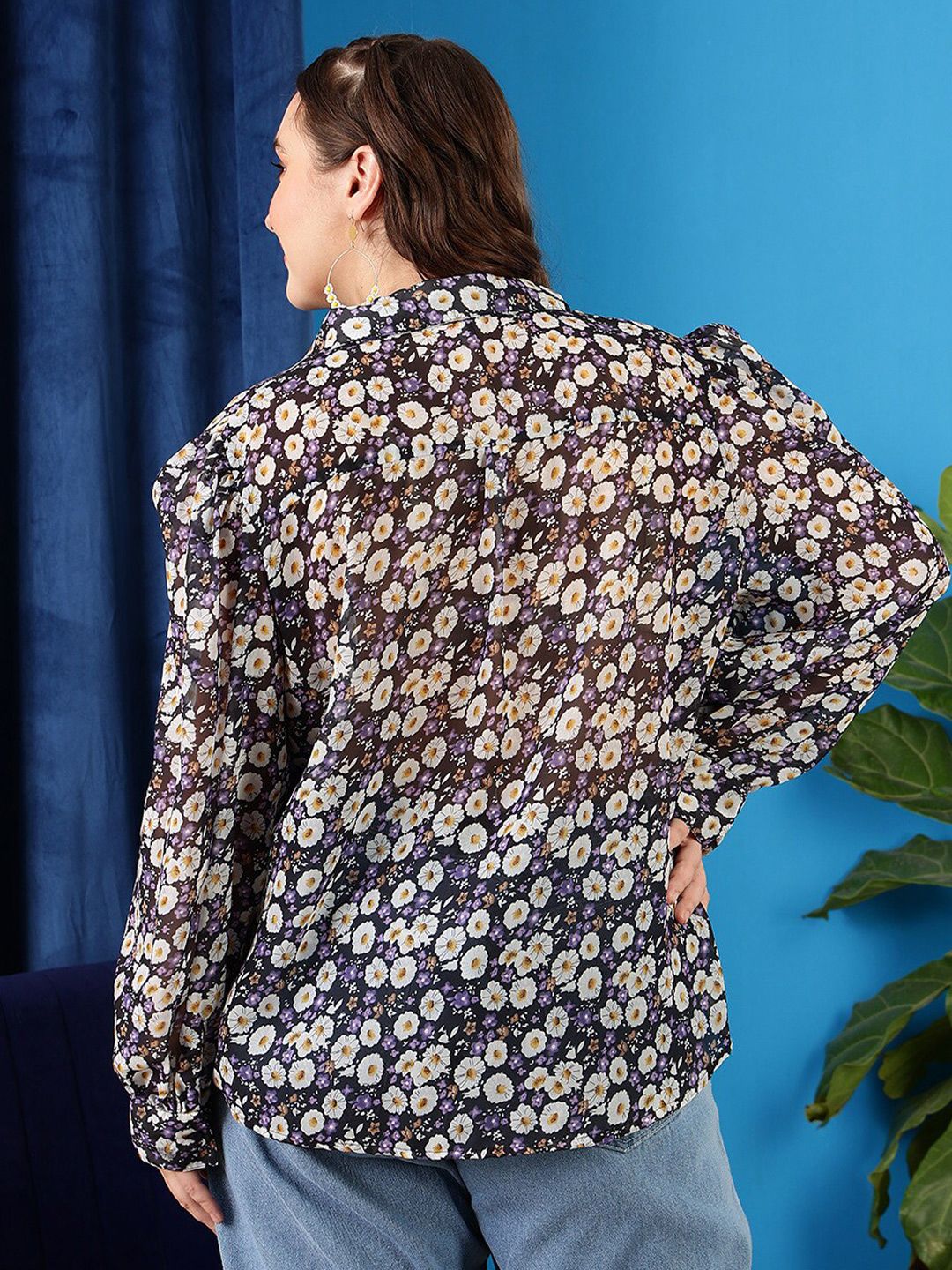 CURVY STREET Plus Size Black Comfort Floral Printed Ruffles Casual Shirt