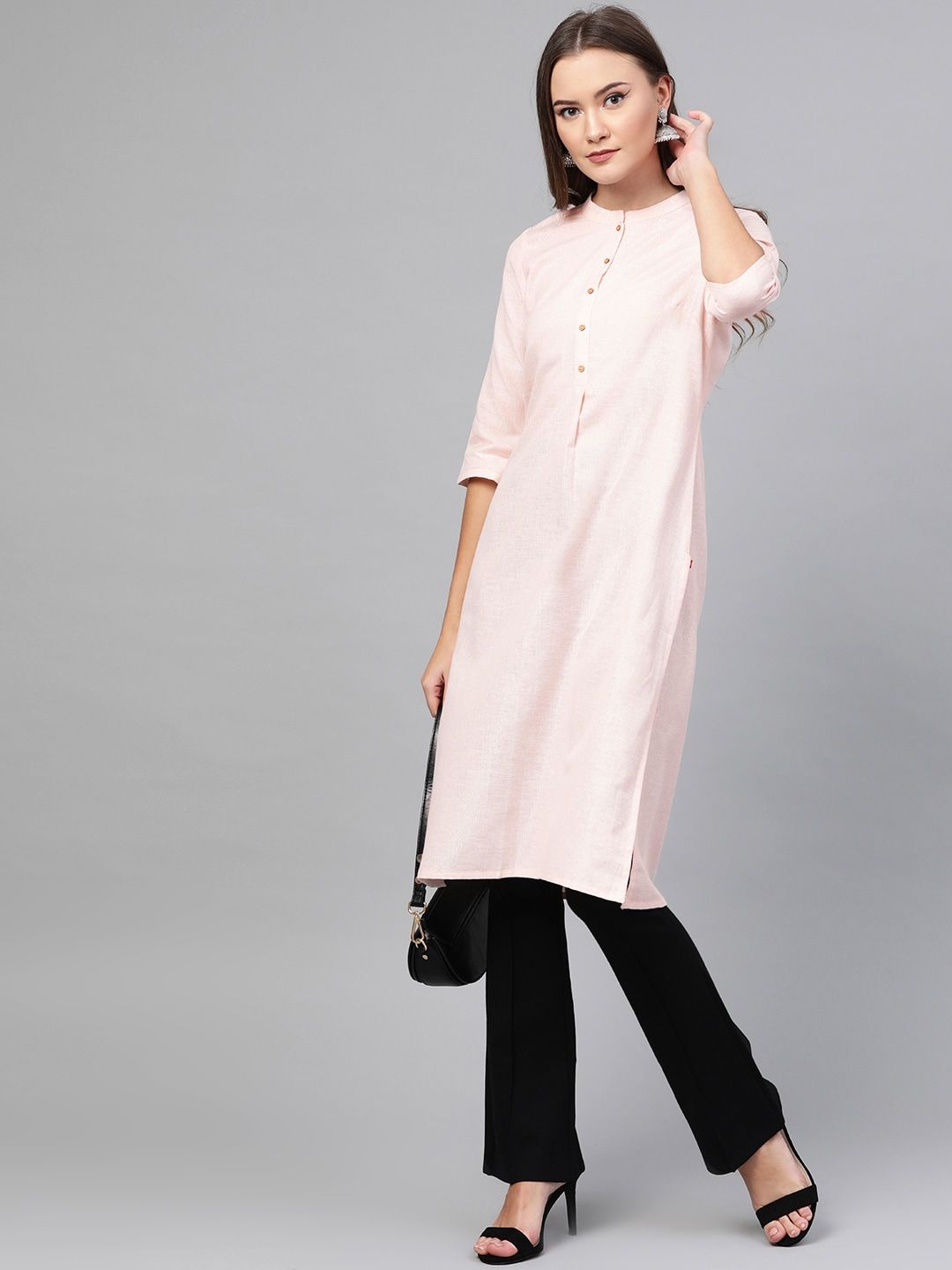 W Women Pink & Silver Striped Straight Kurta