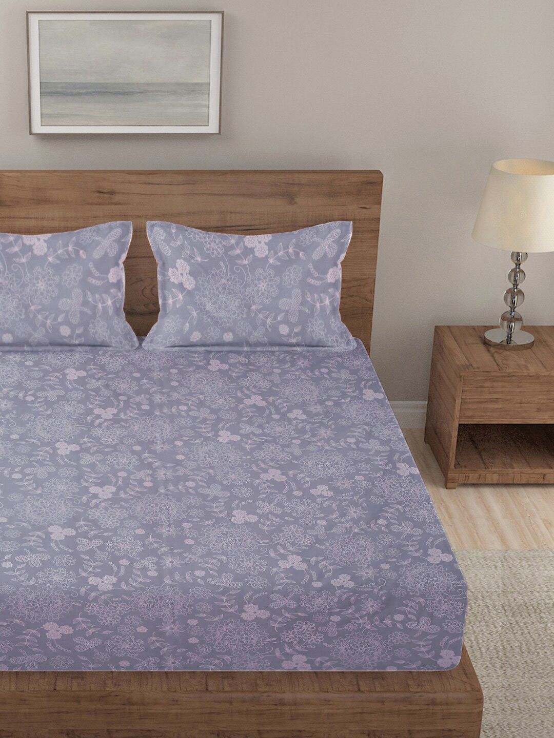 KLOTTHE Grey Floral Cotton 300 TC Fitted King Fine Bedsheet dengan 2 Sarung Bantal-98 x 87 inci