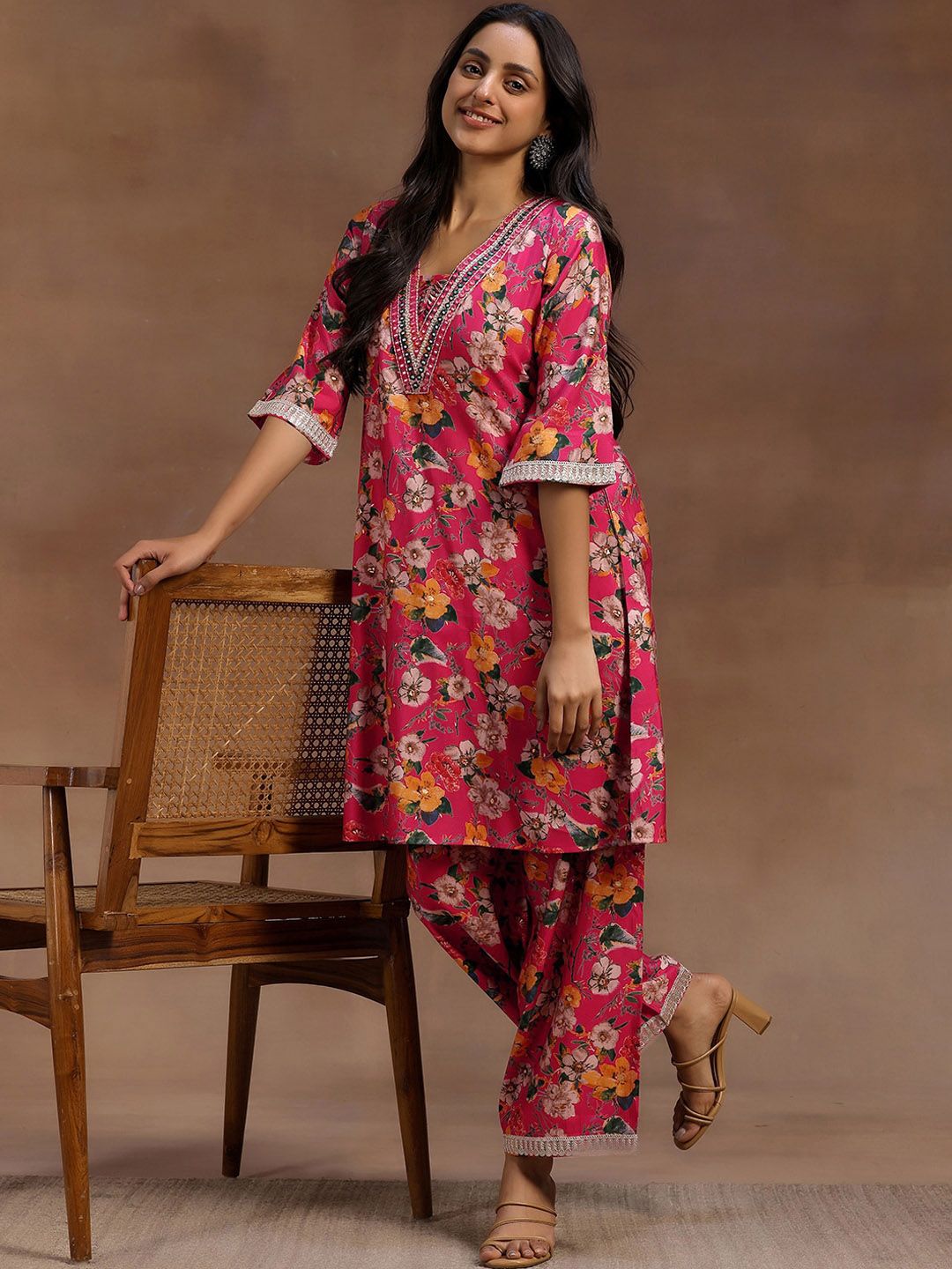 Libas Pink Floral Printed Tunic With Palazzo