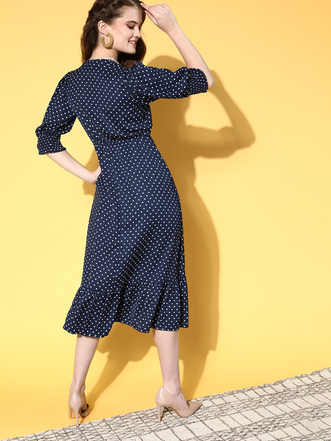 Berrylush Women Deep Navy Blue Polka Dotted Volume Play Dress