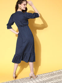 Berrylush Women Deep Navy Blue Polka Dotted Volume Play Dress