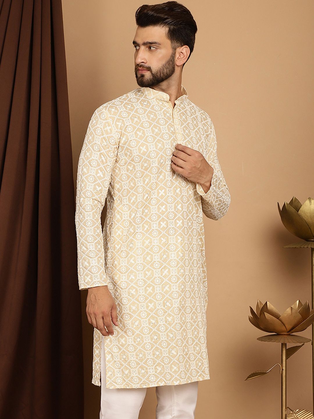 SOJANYA Men Beige Thread Work Kurta