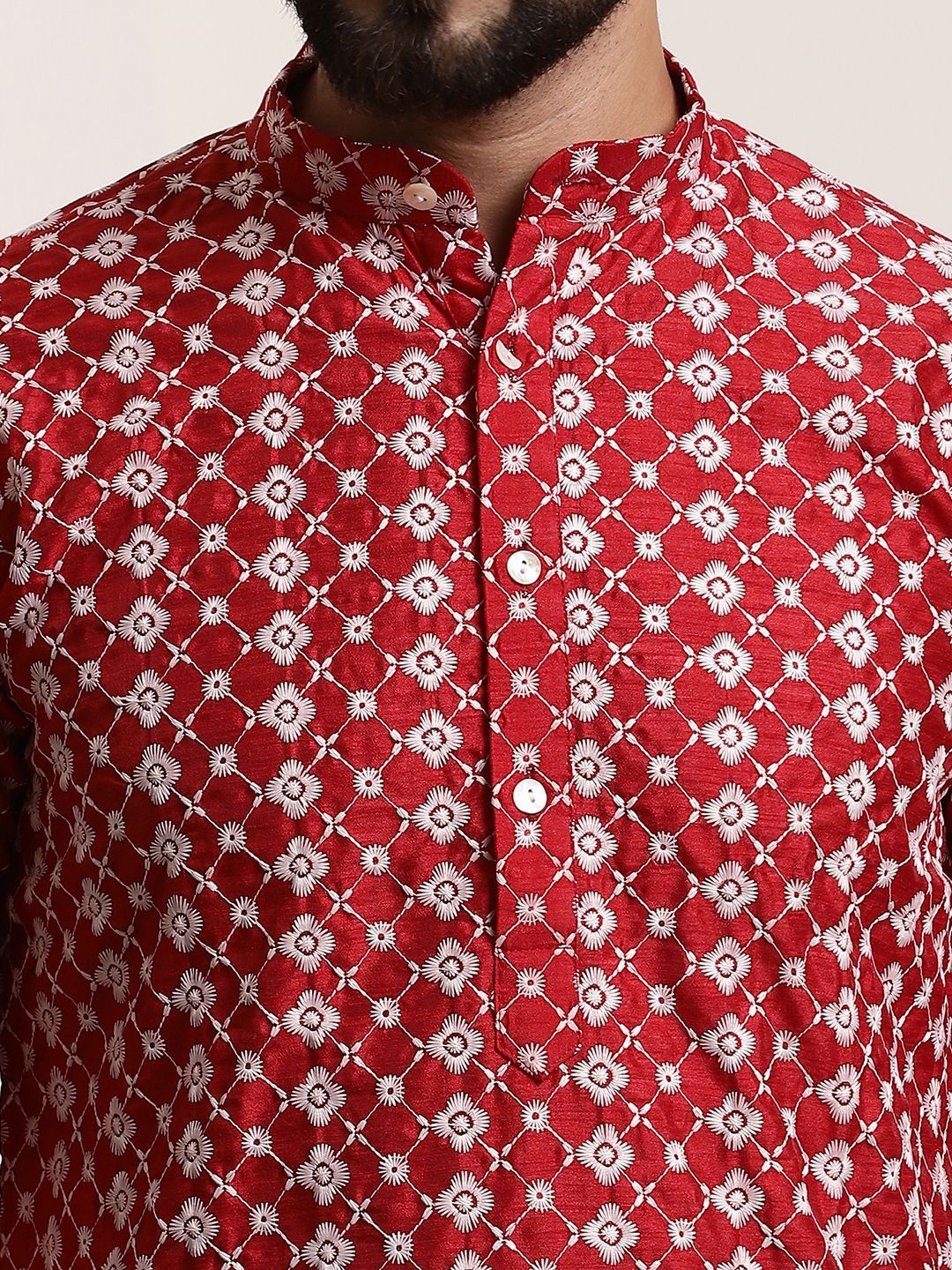 SOJANYA Men Maroon & White Ethnic Motifs Embroidered Kurta