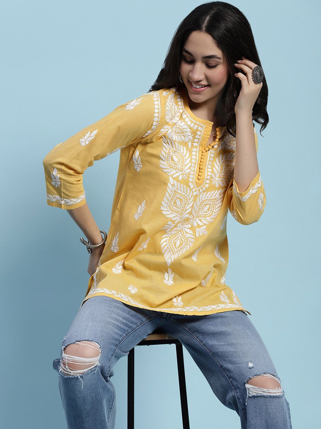 Rumah Chikankari Wanita Kapas Kuning Chikankari Sulam Kurti
